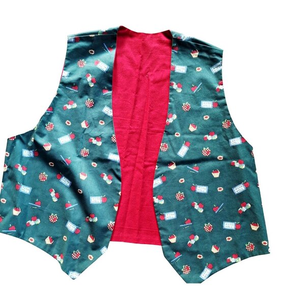 Vintage Green Vest With Apple Print & Red Lining Teacher Elementary Academia - Picture 1 of 3